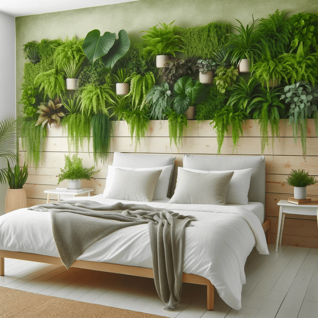  ديكور من النباتات الطبيعية خلف السرير