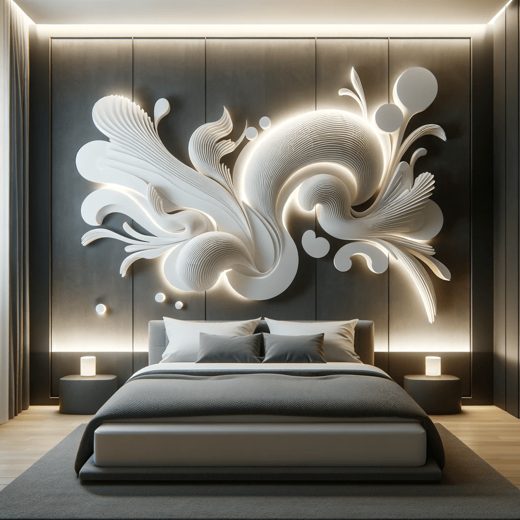 غرفة نوم معاصرة، حيث يبرز خلف السرير ديكور جداري ثلاثي الأبعاد. الديكور يتألف من أشكال ديناميكية ومجردة تبدو كما لو كانت تنبثق من الجدار، مما يخلق تأثيرًا بصريًا حيويًا وجذابًا. هذه الأشكال مضاءة بأناقة، مضيفةً عمقًا ودراما إلى جو الغرفة. يحول هذا التصميم العصري والفني غرفة النوم إلى مساحة للتعبير الإبداعي والاهتمام البصري.





