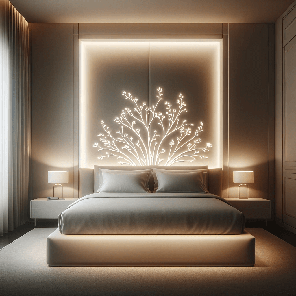 غرفة نوم عصرية تتميز بسرير مع ديكور إضاءة من الخلف. السرير محاط بتصميم إضاءة أنيق وخفيف ينبعث من خلف الرأسية، مما يخلق أجواء هادئة ومريحة. الضوء ينير الجدار والمنطقة المحيطة بشكل ناعم، موفرًا توهجًا لطيفًا يعزز الأجواء المريحة للغرفة. يضيف هذا التصميم لمسة من التطور والحداثة لغرفة النوم.





