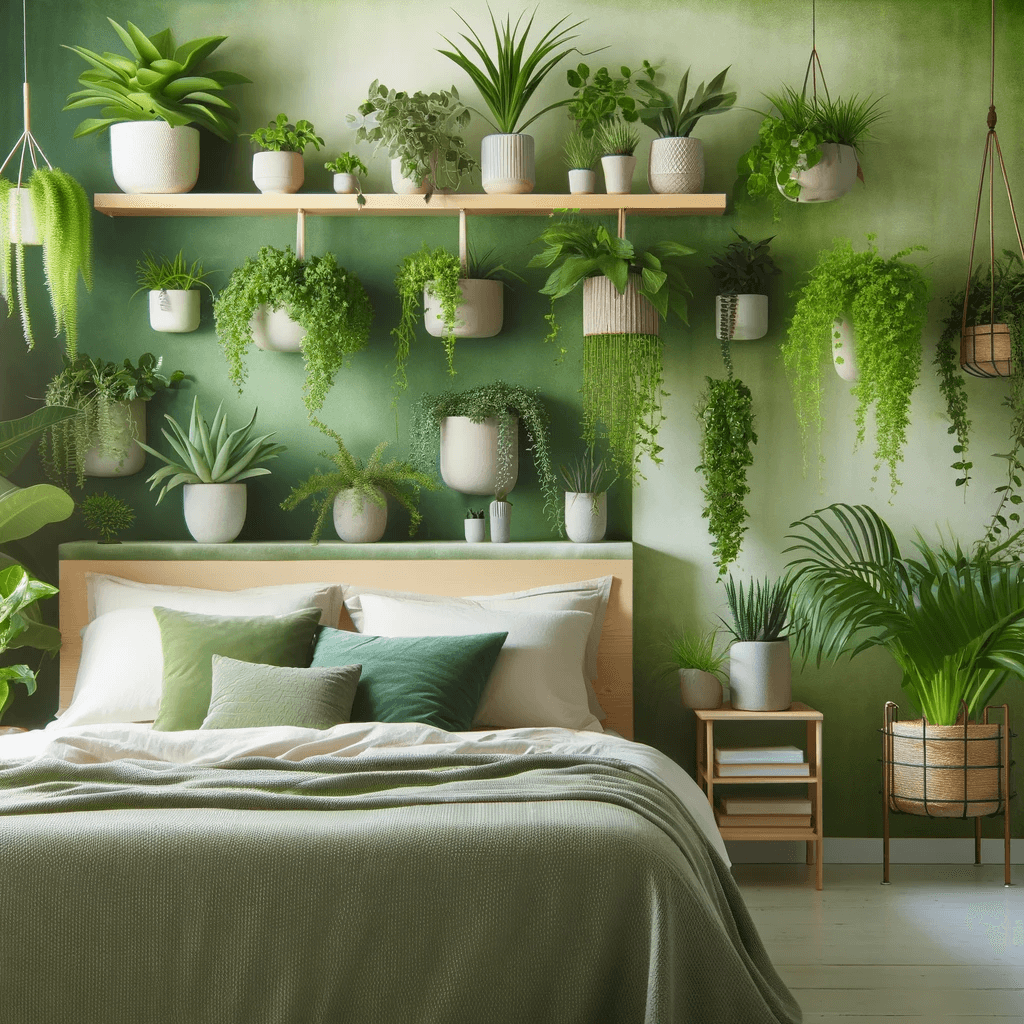 غرفة نوم هادئة مع ديكور من النباتات الطبيعية خلف السرير. الديكور يتضمن مجموعة متنوعة من النباتات الخضراء الغنية بأحجام وأنواع مختلفة، مرتبة بطريقة جمالية. بعض النباتات معلقة من السقف، بينما البعض الآخر موضوع في أواني أنيقة على الرفوف. هذه الواحة الخضراء تخلق جوًا مريحًا ومنعشًا في غرفة النوم، مضيفة لمسة من الطبيعة إلى الداخل. ديكور النباتات لا يعزز جمال الغرفة فحسب، بل يساهم أيضًا في بيئة معيشية صحية وهادئة.






