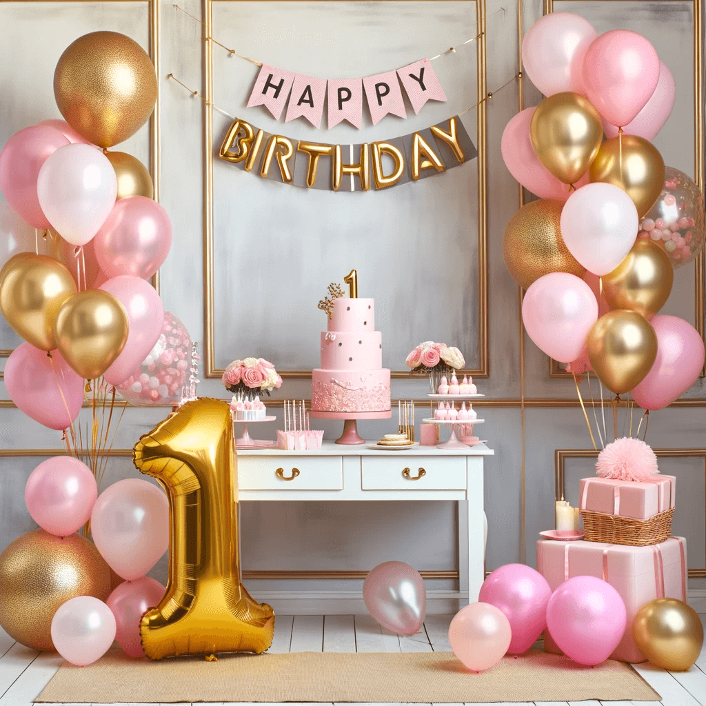 ديكور حفل عيد ميلاد، مع ترتيب أنيق لبالونات بألوان الوردي والذهبي. يوجد لافتة "Happy Birthday" معلقة على الحائط وطاولة تزيين مع كعكة عيد ميلاد تحمل الرقم "1" وبالون على شكل الرقم "1" بالقرب من الطاولة. الأجواء تبدو احتفالية ومبهجة.




