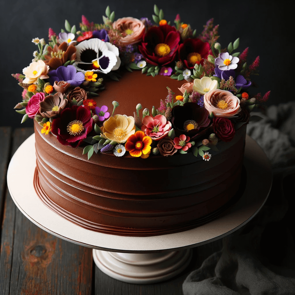 كعكة عيد ميلاد من الشوكولاتة مزينة بأزهار صالحة للأكل. الكعكة مغطاة بكريمة الشوكولاتة الغنية، والأزهار الصالحة للأكل مرتبة بطريقة فنية على القمة وحول جوانب الكعكة. الأزهار مزيج من الألوان الزاهية، مما يضيف لمسة طبيعية وأنيقة إلى الكعكة. يخلق تباين اللون العميق للشوكولاتة والألوان الزاهية للأزهار تناقضًا بصريًا رائعًا. تُقدم الكعكة على حامل كعك أنيق، مما يبرز مظهرها الفاخر والاحتفالي، المثالي للاحتفال بعيد الميلاد.





