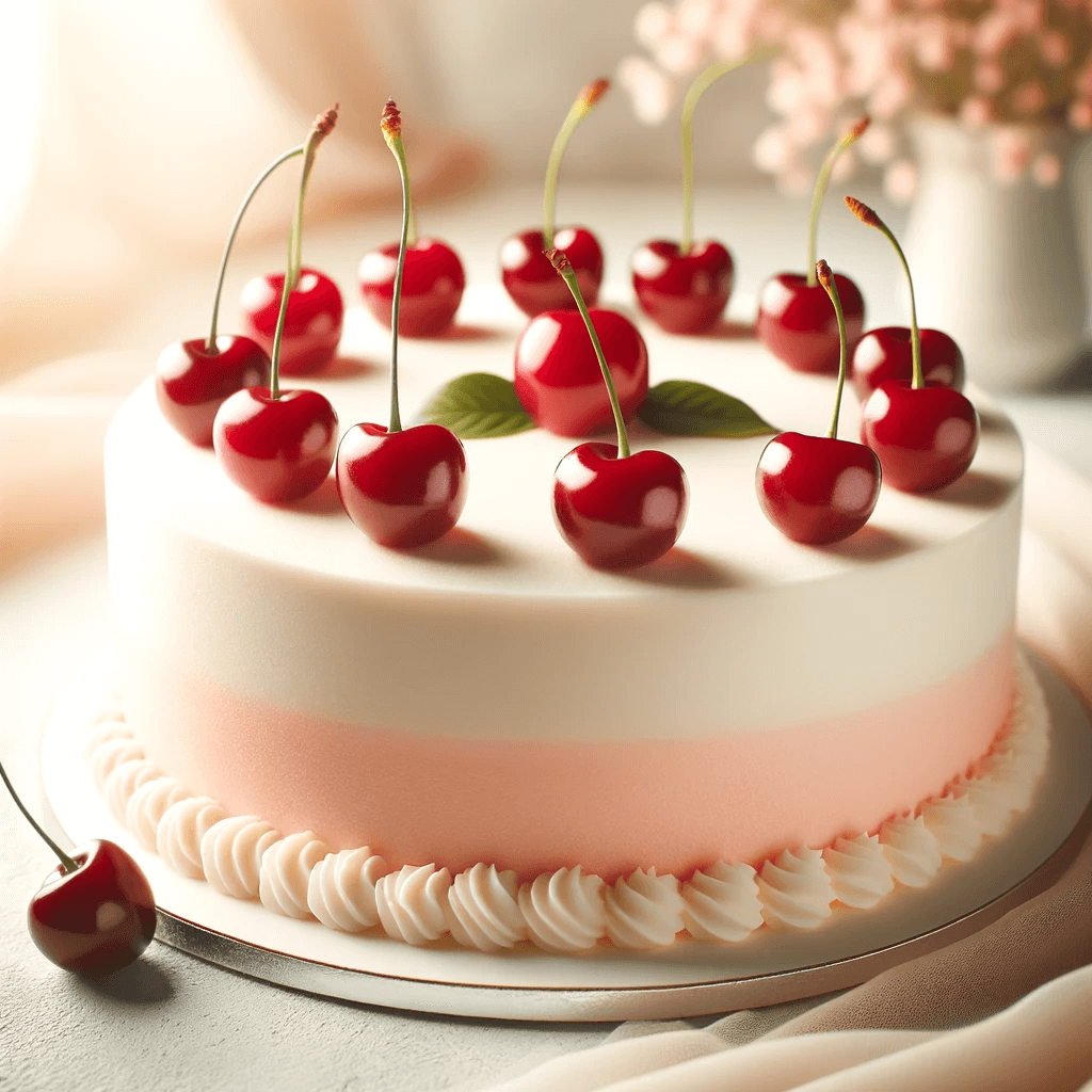 كعكة عيد ميلاد مزينة ببعض الكرز. التصميم بسيط وأنيق، حيث يظهر الكرز الناضج بلونه الأحمر الزاهي على سطح الكعكة ذو اللون الفاتح والناعم، مما يضيف لمسة جمالية طبيعية ومميزة.





