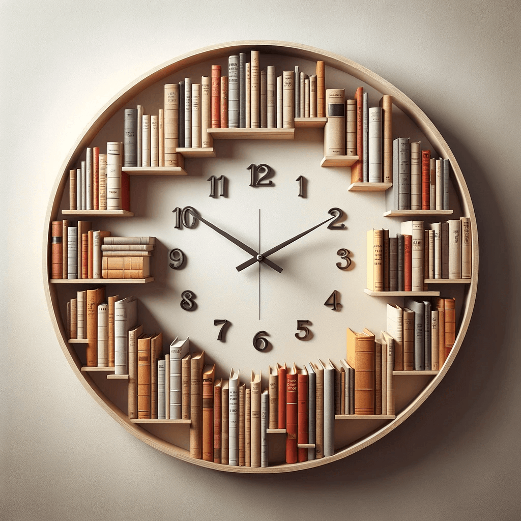 ساعة حائطية مبتكرة، حيث يمثل كل "ساعة" رفًا خشبيًا صغيرًا يحمل كتابًا واقفًا بشكل عمودي. الكتب متنوعة في الأحجام والألوان والسمك، مما يضيف جاذبية بصرية، وهي مرتبة على شكل دائرة كاملة على جدار بلون محايد. في مركز هذه الدائرة من الكتب، يوجد آلية ساعة بسيطة وعصرية مع عقارب للساعات والدقائق والثواني. العقارب متوازية لتشير إلى الوقت "الثالثة والنصف". لا توجد أرقام، ولا يوجد نص أو كتابة على الجدار أو الكتب.