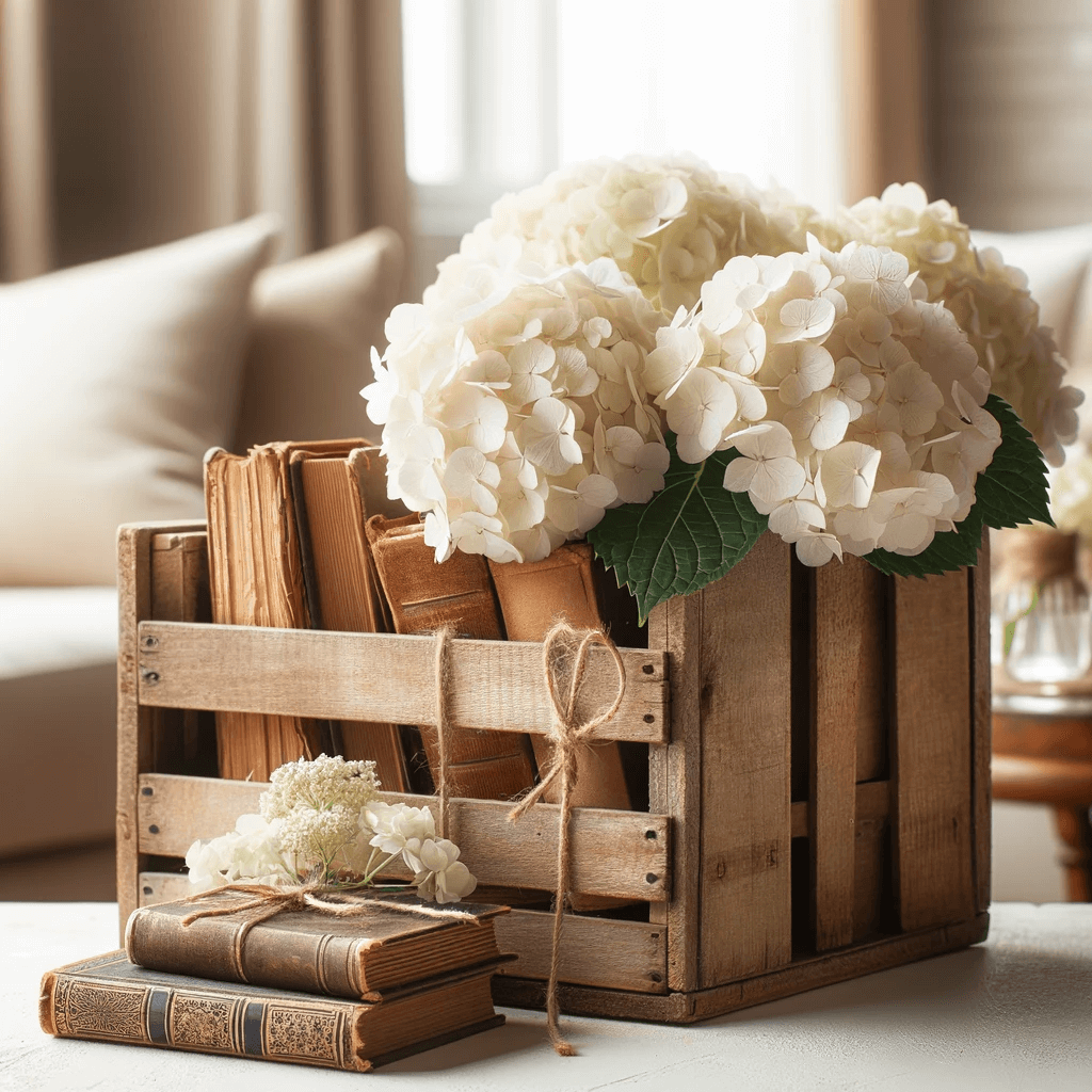 ديكور منزلي دافئ يتميز بأسلوب ريفي. يوجد صندوق خشبي قديم على سطح أبيض، وداخل الصندوق هناك مجموعة من الكتب الأنتيكة مربوطة معًا بحبل. إلى جانب الكتب، هناك مجموعة كبيرة من أزهار الهيدرانجيا البيضاء. الخلفية غير واضحة بشكل ناعم، مما يوحي بمساحة معيشة مريحة تشمل أريكة وطاولة جانبية مع مزهرية من الزهور، مما يخلق جوًا دافئًا وجذابًا وعتيقًا.





