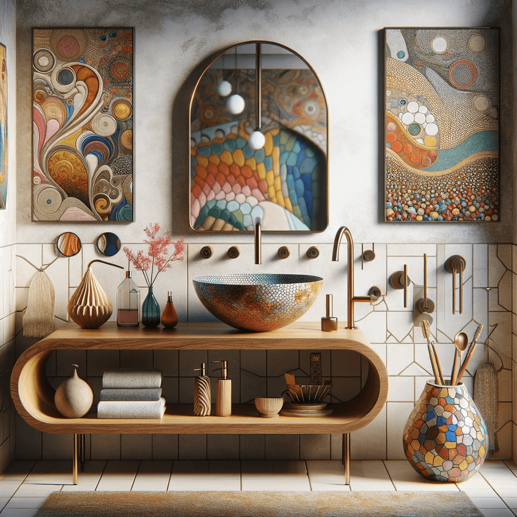 ديكور مغسلة حمام مبدع وفريد من نوعه، حيث تتميز الغرورة بتصميم غير تقليدي ومواد مختلطة من الخشب الطبيعي وبلاط الموزاييك الملون. 