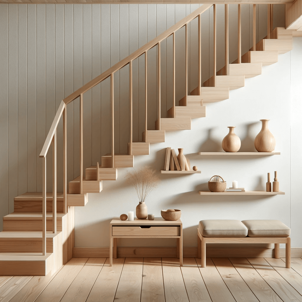  ديكور خشبي بتصميم بسيط أيضاً تحت الدرج. هناك بضعة رفوف خشبية نظيفة ومنسقة بشكل جميل، إلى جانب مساحة صغيرة للجلوس تتميز بالبساطة والدفء.

