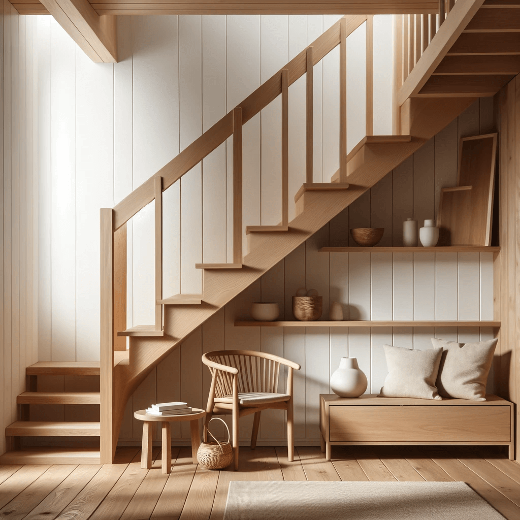  ديكور خشبي بسيط تحت الدرج، يتميز بتصميمه الأنيق والمينيمالي. تحتوي المساحة على عدة رفوف خشبية مرتبة بأناقة ومنطقة جلوس صغيرة، مما يخلق جواً هادئاً ومريحاً.