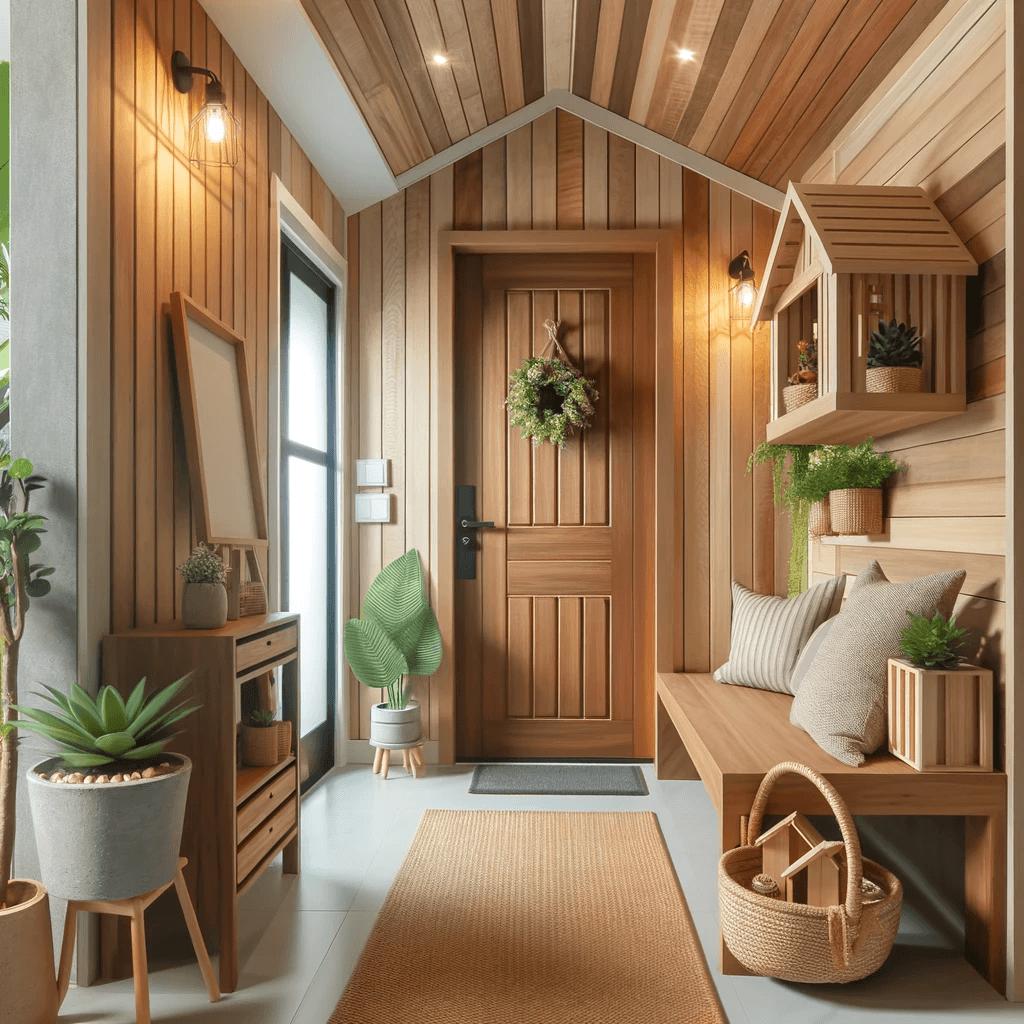 ديكور لمدخل منزل صغير باستخدام مواد بديلة للخشب، مثل الخشب الصناعي أو البامبو، مما يخلق جوًا دافئًا ومرحبًا.