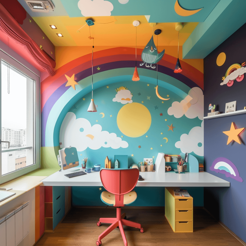 ديكور مكتب أطفال بجدارية جميلة الرسم و التلويم
