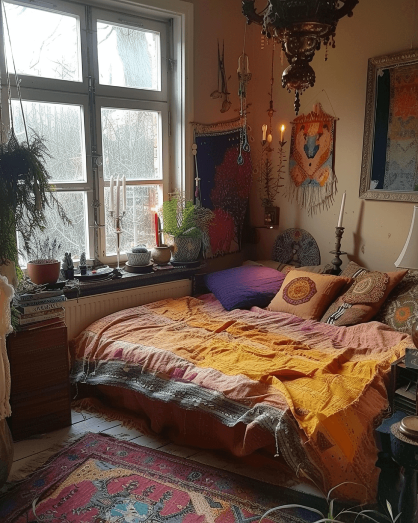 ديكور بوهيمي لغرفة نوم صغيرة