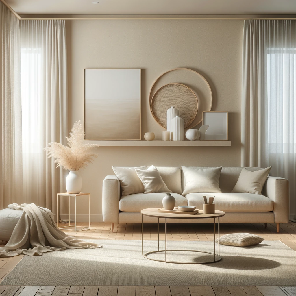  صورة ديكور غرفة جلوس بسيط متناصق مع اللون البيج 
