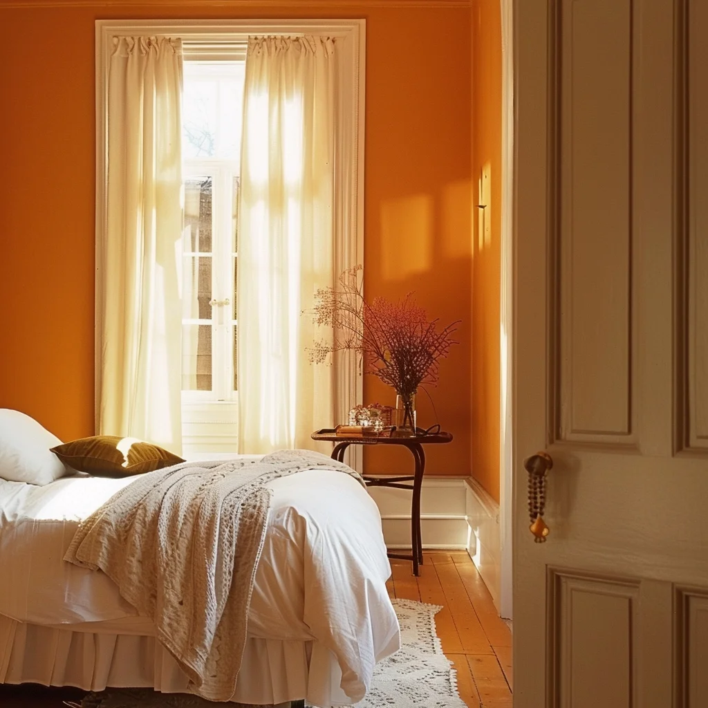 غرفة نوم بلون برتقالي هادئ
